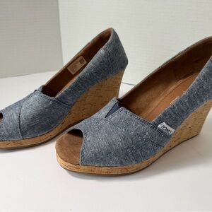 TOMS Denim Blue Cork Wedges
